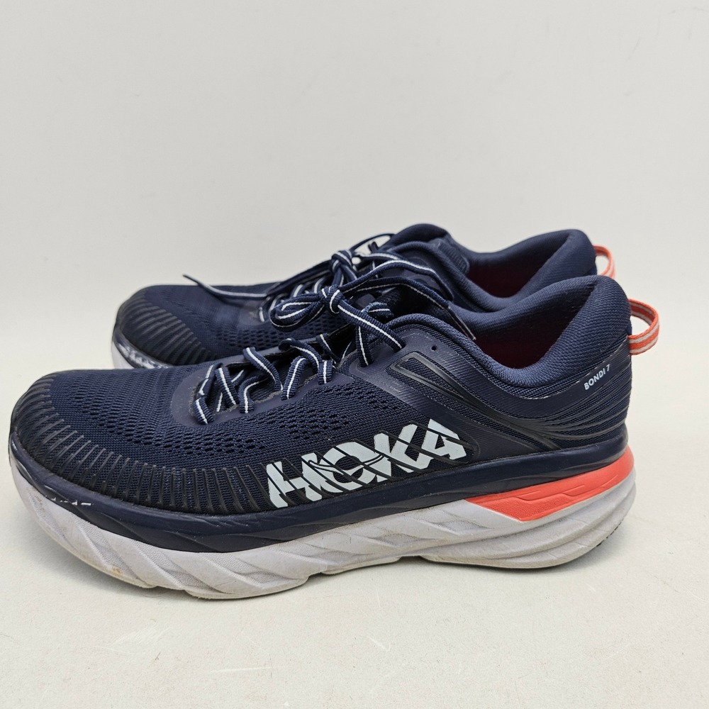 Hoka One Bondi 7 Womens 10.5 Navy Blue Coral Running Shoes 1110519 BIBBL Comfort